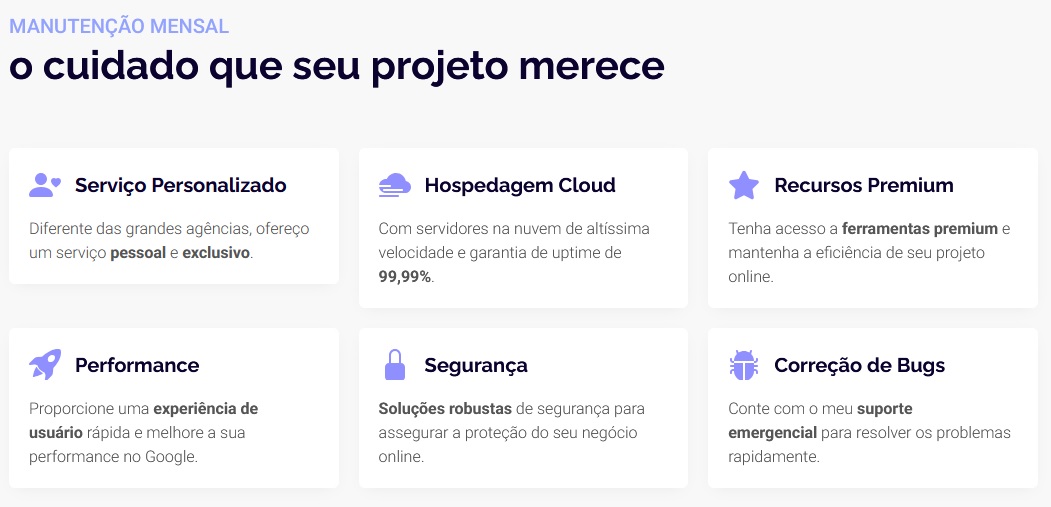 Manutenção_Mensal_Leonardo_Marioto Captura de tela de uma seção do site destacando seis serviços de manutenção de sites: serviço personalizado, hospedagem em nuvem, recursos premium, desempenho, segurança e correção de bugs, cada um com um ícone e uma breve descrição em um fundo branco.
