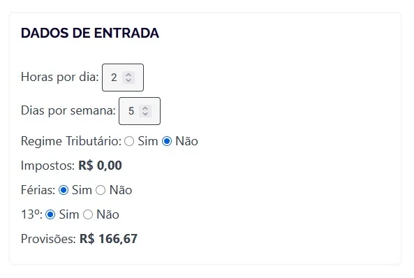 Dados de entrada da calculadora freelancer