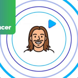 Ilustração de um homem sorridente com longos cabelos castanhos dentro de círculos concêntricos azuis. Um botão azul de reprodução está próximo a ele. À esquerda, uma caixa verde e azul com texto em branco diz: Trilha do Dev Freelancer, perfeita para qualquer aspirante a desenvolvedor freelancer.